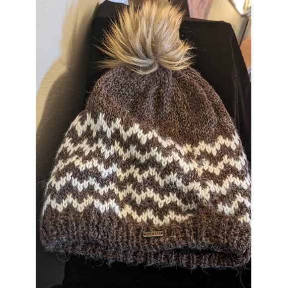 Pistil Brown/Cream ZigZag Print Knit Faux Fur Pom Pom Beanie - Picture 5 of 8